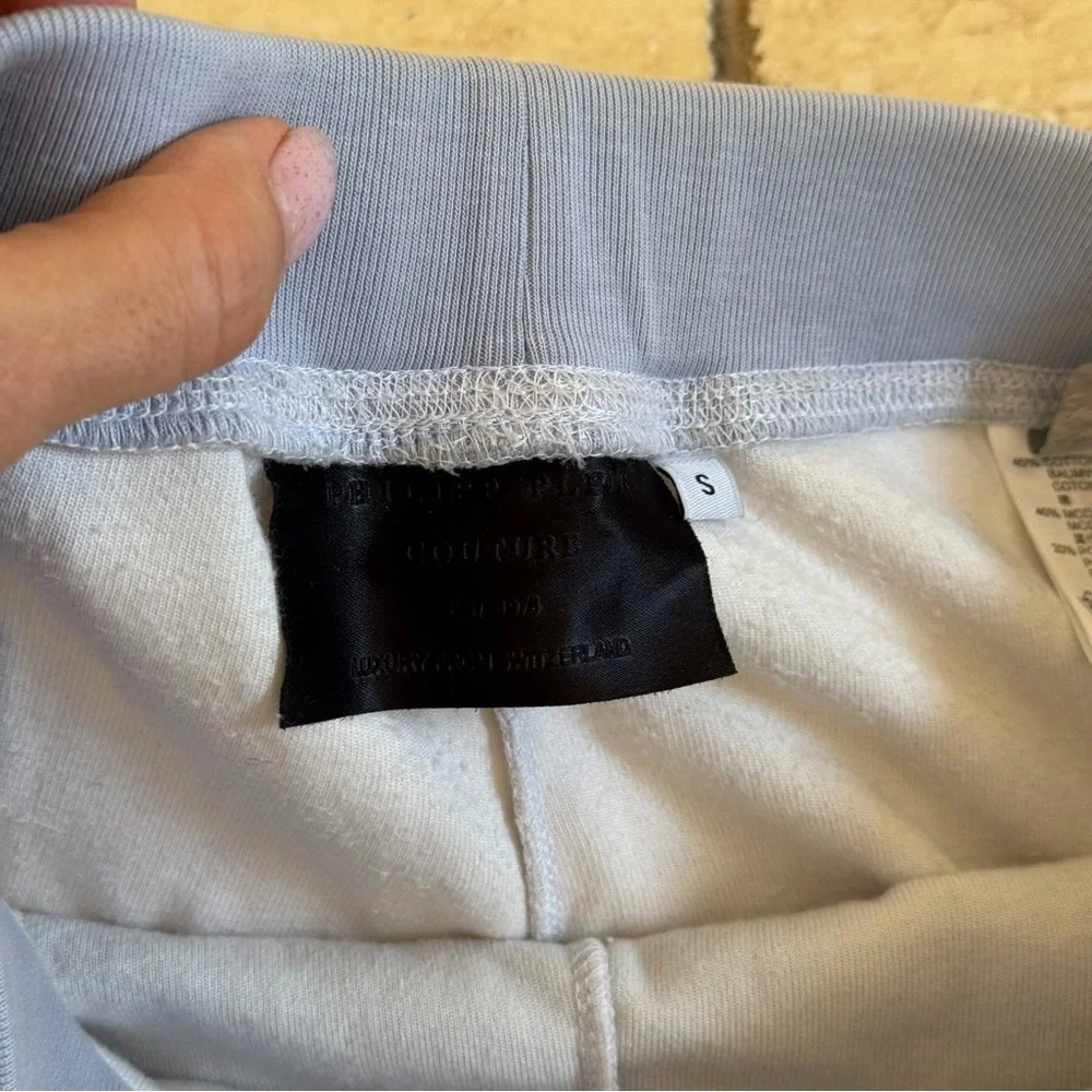 Philipp Plein Gray Velour Pants with Teal Crystal Skull Logo, Size S